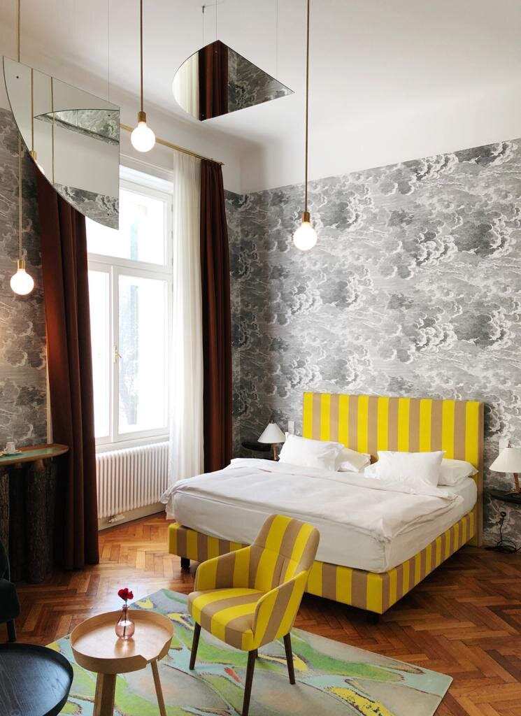 Another room that I visited, this one had the best stripe/wallpaper combo - but I really loved the mirrors on the ceiling - Lilli Hollein Suite