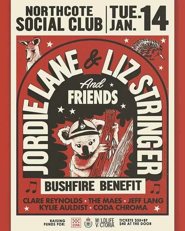 We’ve been quiet on here recently, shocked and devastated by the bushfire crisis happening all around us and unsure of what we can add to the conversation other than our love to those affected and our sadness. (Also rage and disbelief and terror and wanting to storm Parliament House and shake our whole government until they wake up). Our friends/fave musicians @jordielanemusic @clareislollies @lizstringeraus are putting on this show to raise money for the @cfavic @nswrfs and @wildlifevictoria and we are playing and so are a bunch of other great musicians @lang7130 @codachroma @kylieauldist 
Let’s gather together in this time of crisis, sing songs, share our thoughts and fears and let’s send something much more practical than hopes and prayers to our fire-affected communities. Ticket link in bio xx