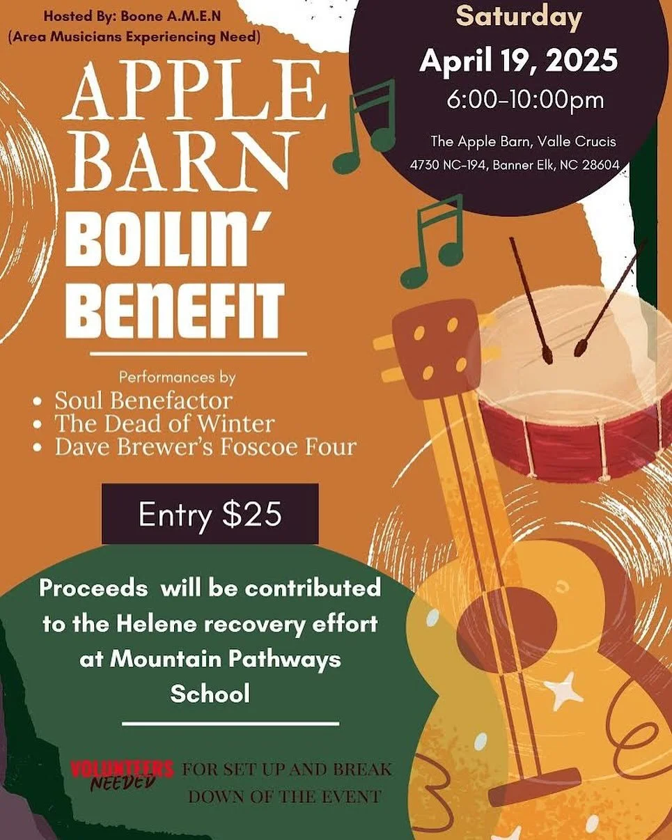 Join us Saturday, April 19th from 6:00-10:00pm for the APPLE BARN BOILIN BENEFIT. The Apple Barn in Valle Crucis will host a low country boil benefit with live music by Soul Benefactor and more. All proceeds of the event will be donated to Mountain P