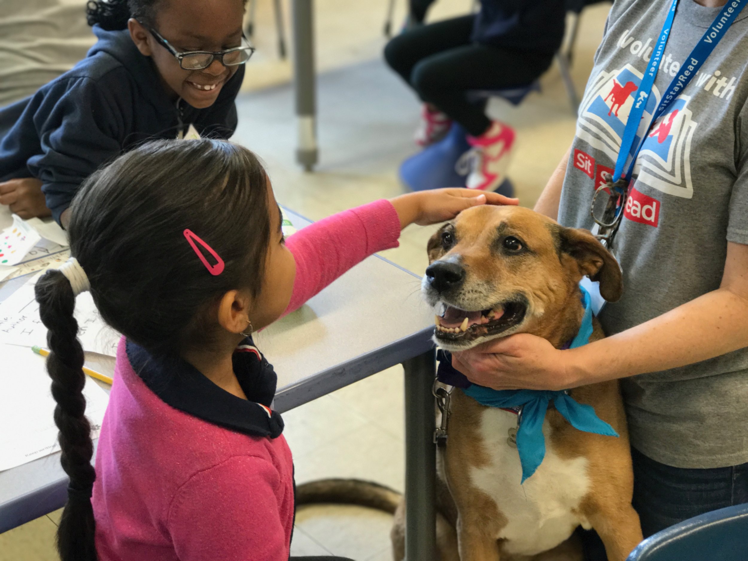 Ms. Lori has Certified Reading Assistance Dog, Buster, meet students in the Little Buddies program at Cameron Elementary. 