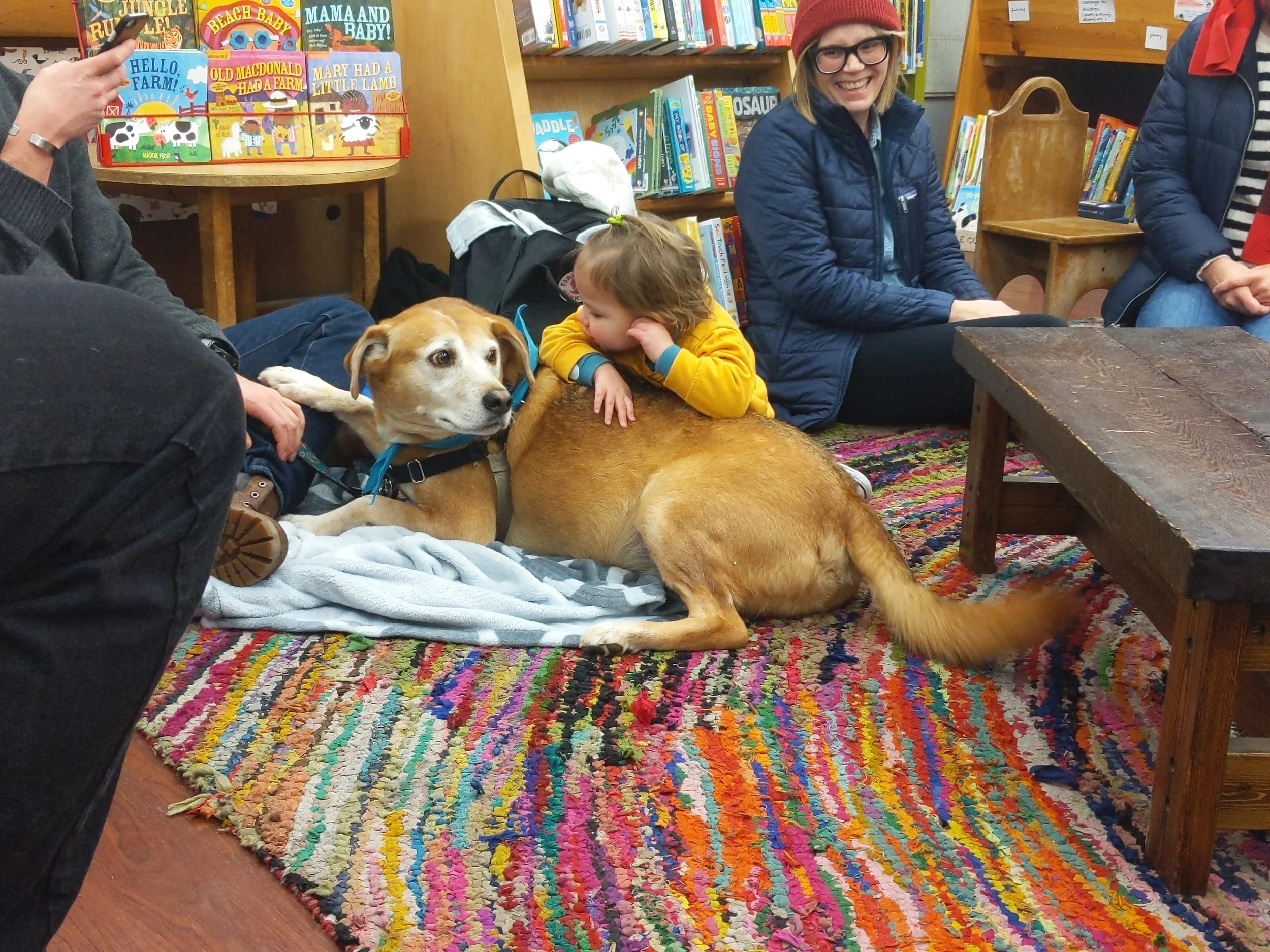Certified Reading Assistance dog Cosí Fan Tutti visits with someone at Women & Children First