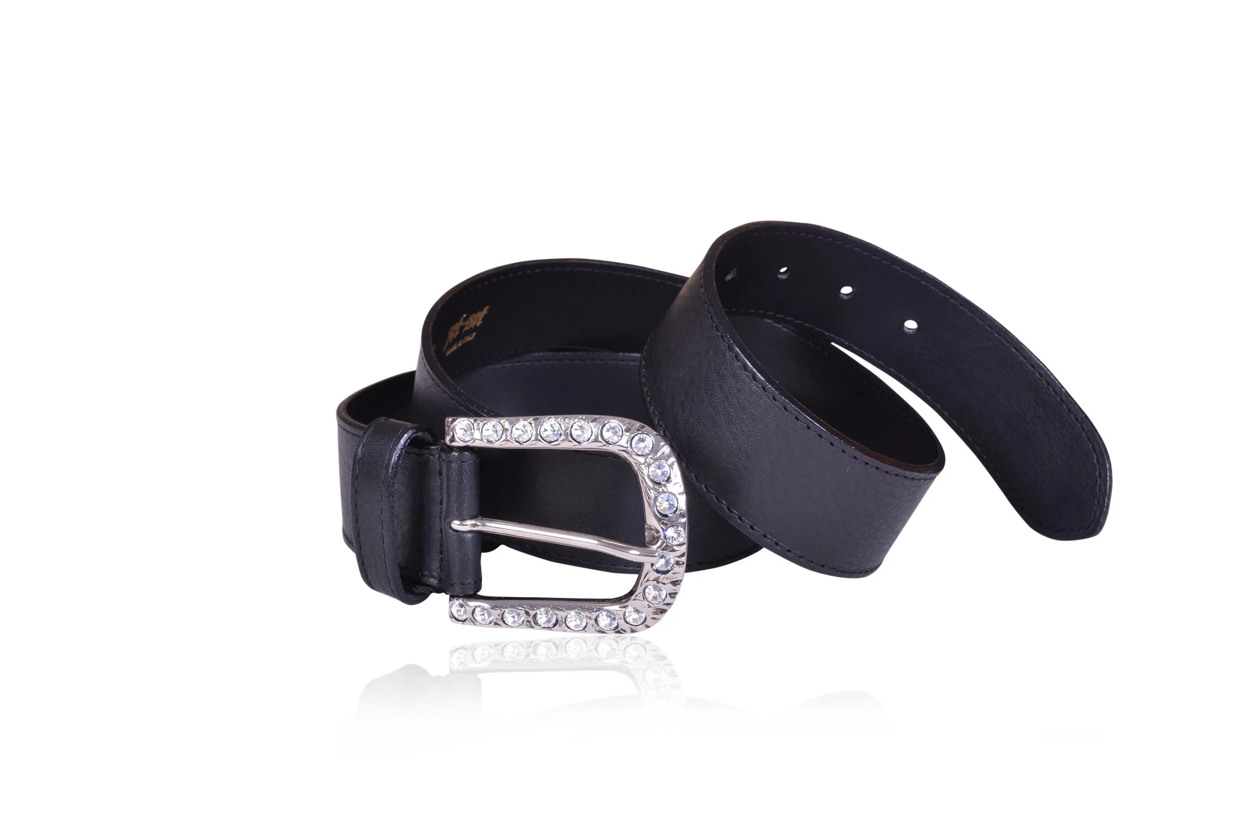 Crystal Detail Italian Black Leather Belt | Bags & Arts