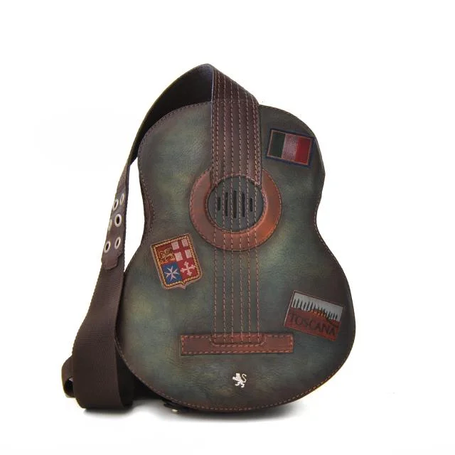 Pratesi Luxury Designer Italian Dark Green Leather Guita-Shaped Backpack