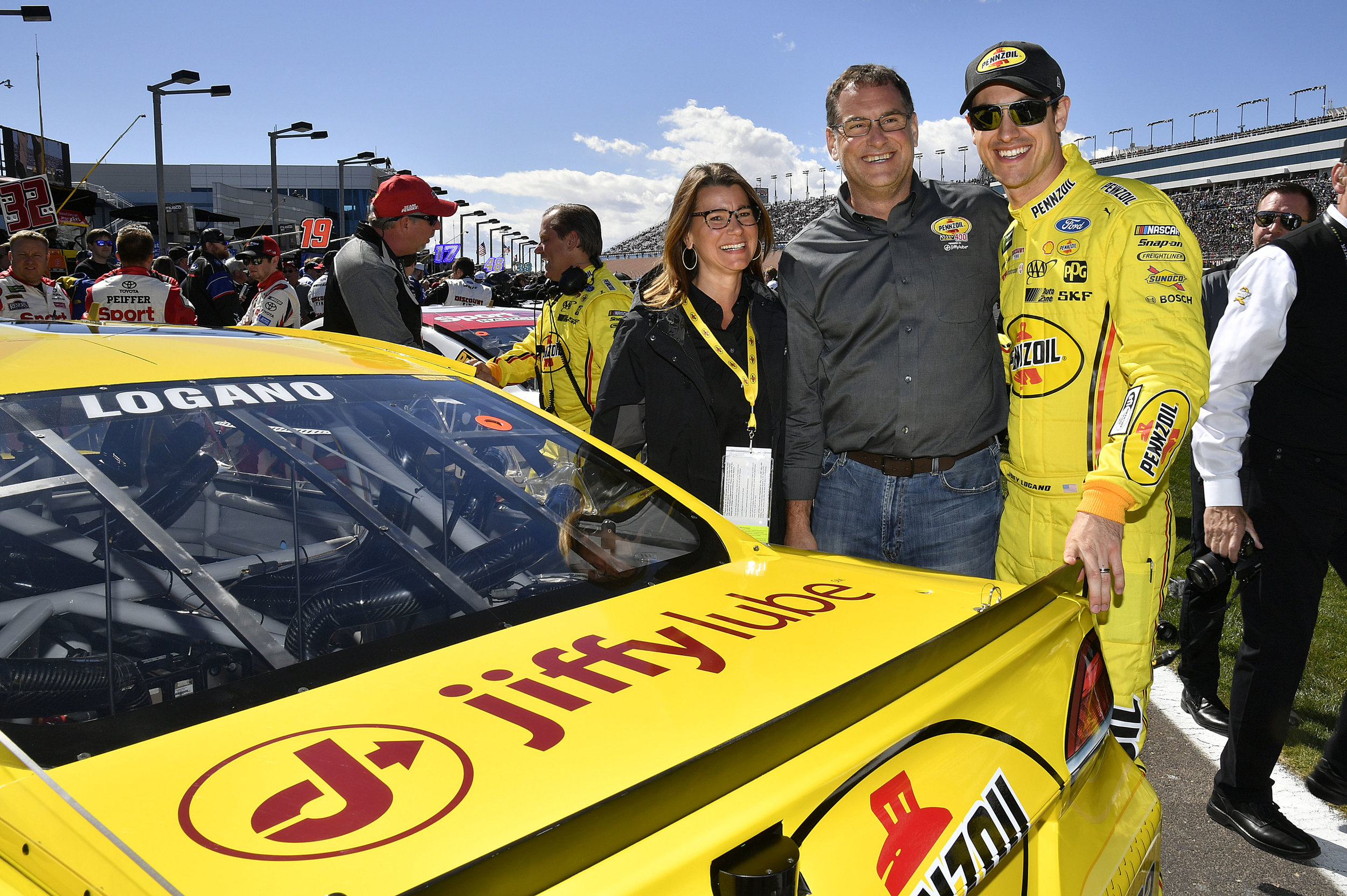 Patrick Southwick meets with Joey Logano ahead of the Pennzoil 400