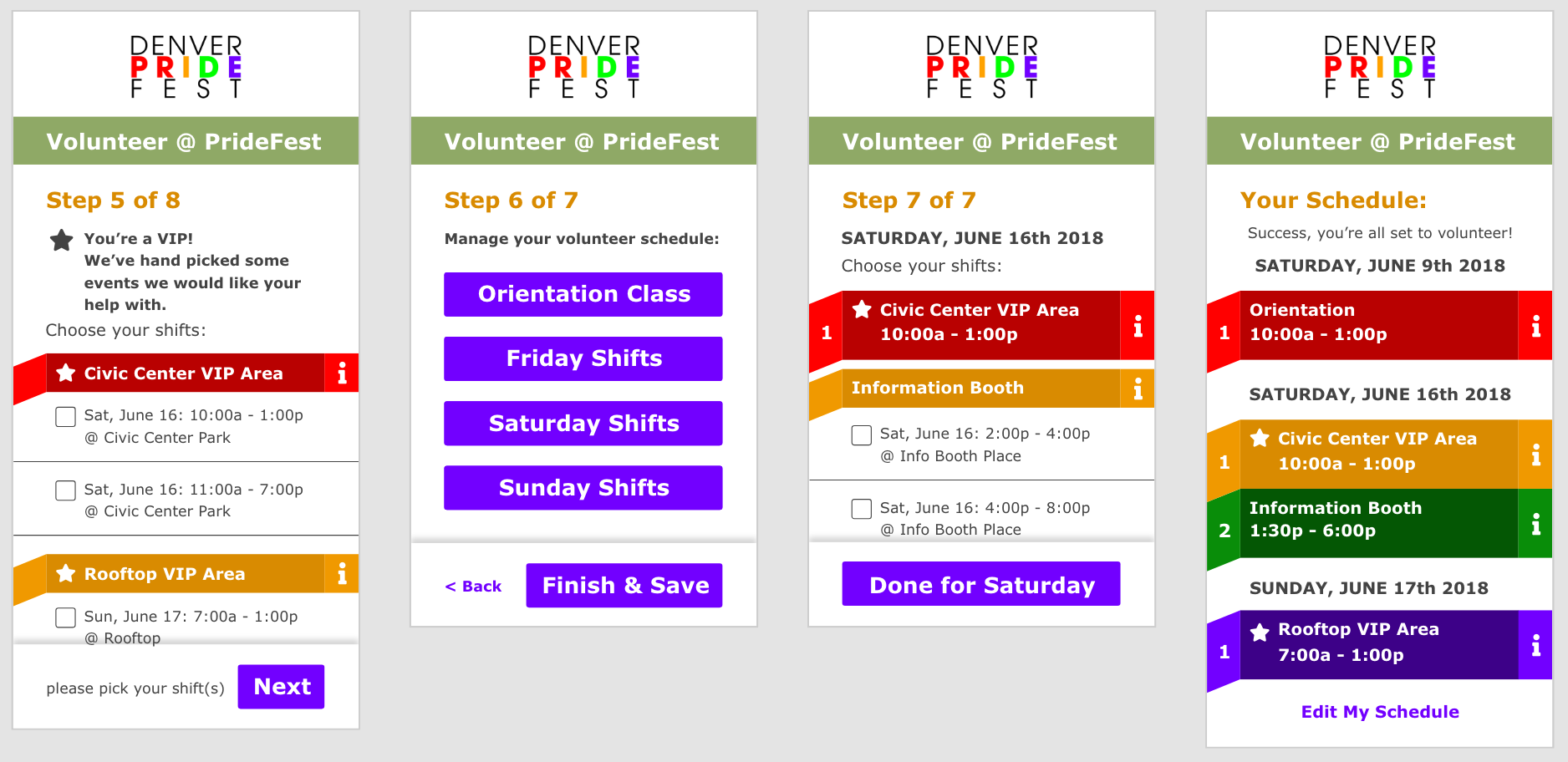 QA: Together with the rest of the team I made sure that the app functioned as expected prior to releasing it for volunteers to being signing up in February. We did have some last minute changes to the flow, like the introduction of a centralized shift picker page where the user could manage their orientation, Friday, Saturday, and Sunday shifts from one page. Outcome: By the end of May 2019 nearly 400 volunteers had signed up for the 2019 Denver PrideFest event using our app! Want to chat about your project? Shoot me an email!