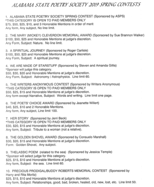 Alabama State Poetry Society Spring Contests and Workshops