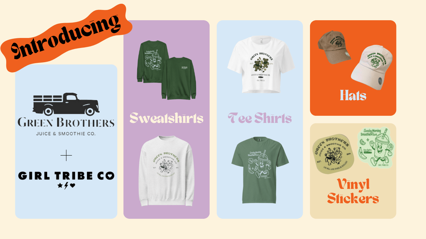 Collage of Green Brothers and Girl Tribe Co. merch: sweatshirts, t-shirts, hats, and vinyl stickers on colorful backgrounds.