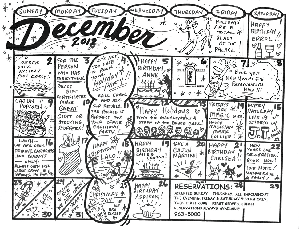 December Event Calendar Palace Grill