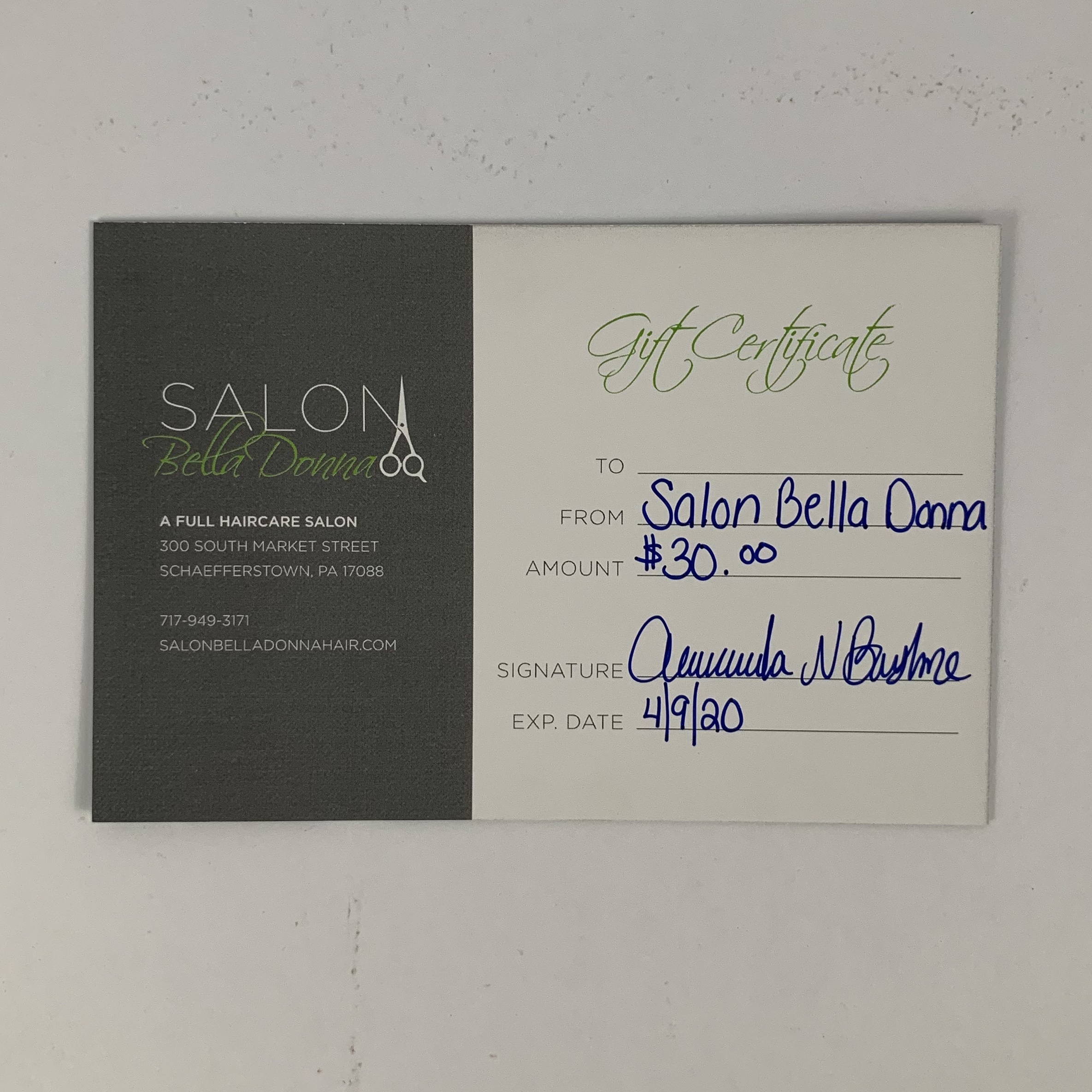 $30 Salon Bella Donna Gift Certificate Donated by: Salon Bella Donna Starting bid: $10