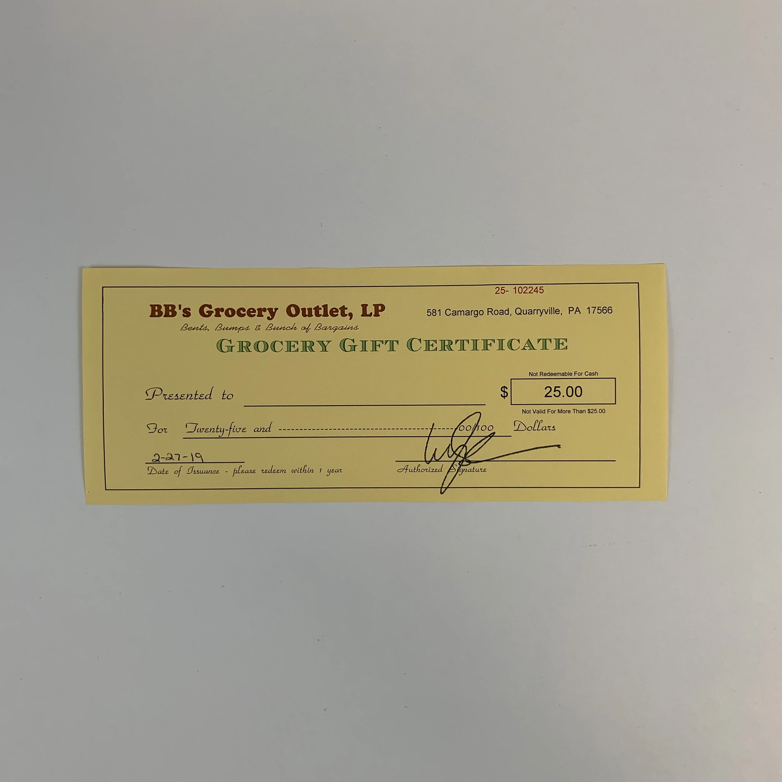 $25 BB’s Grocery Outlet Gift Certificate Donated by: BB’s Grocery Outlet Starting bid: $10