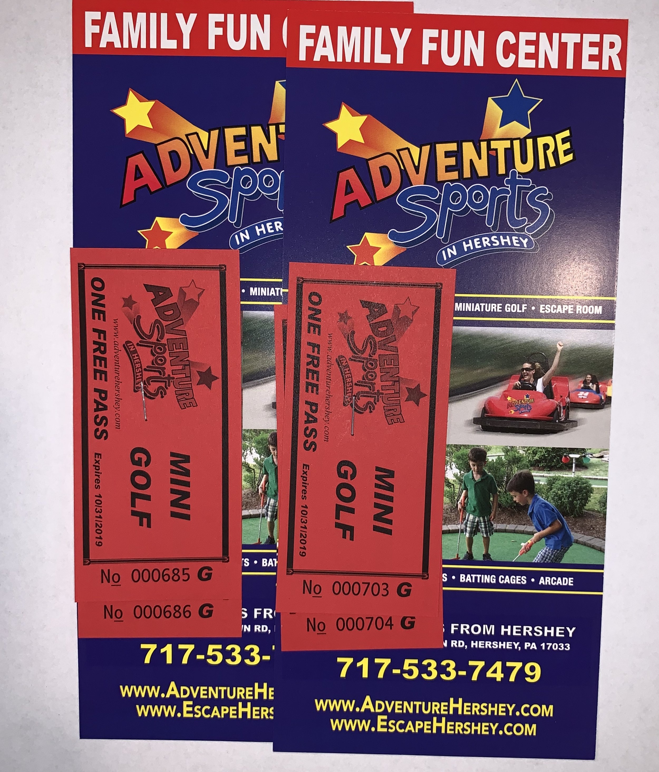 4 Adventure Sports Mini-Golf Tickets Donated by: Adventure Sports in Hershey Starting bid: $5