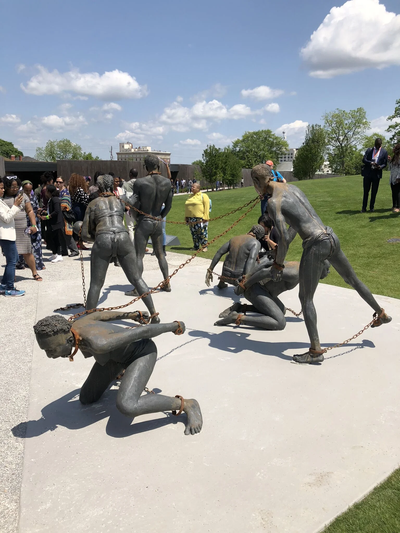 A sculpture by Kwame Akoto-Bamfo confronts visitors as they enter The National Memorial for Peace and Justice. (Photo by Jamie Blaine)