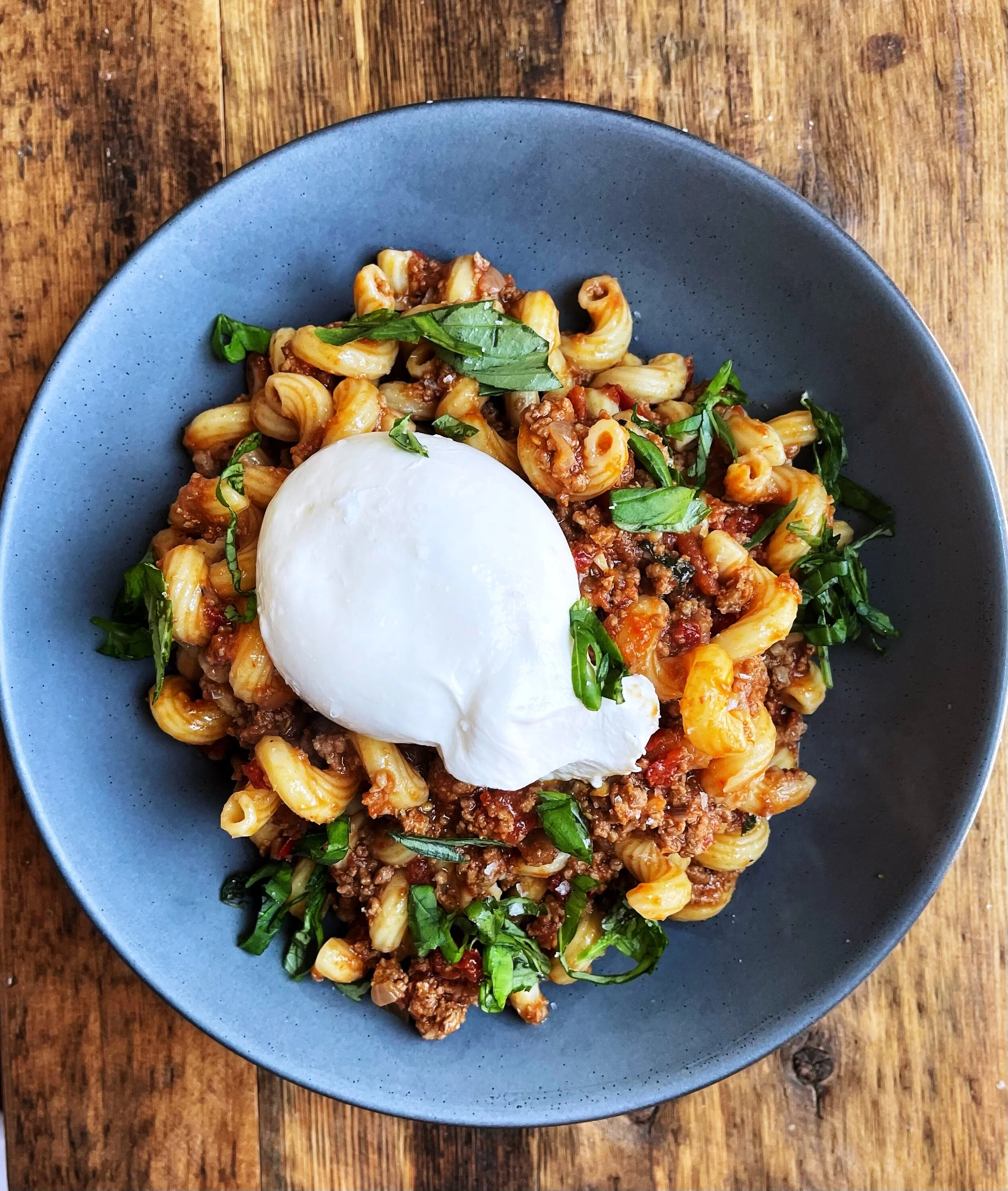 weeknight lamb ragu with burrata cheese 