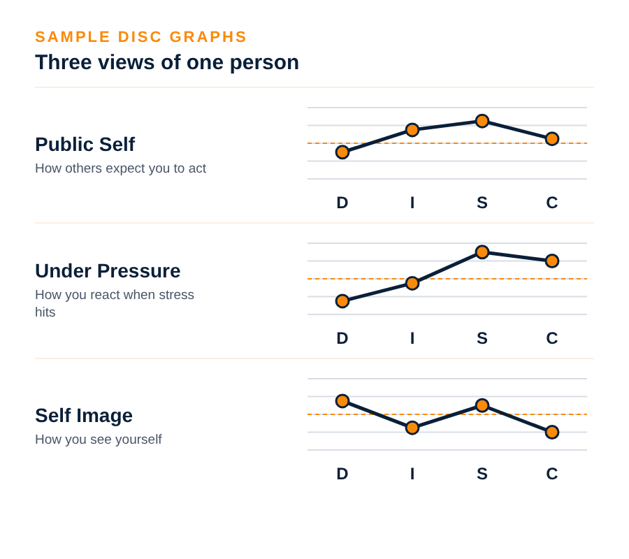 Sample DISC graphs showing one person's public self, behavior under pressure and self image