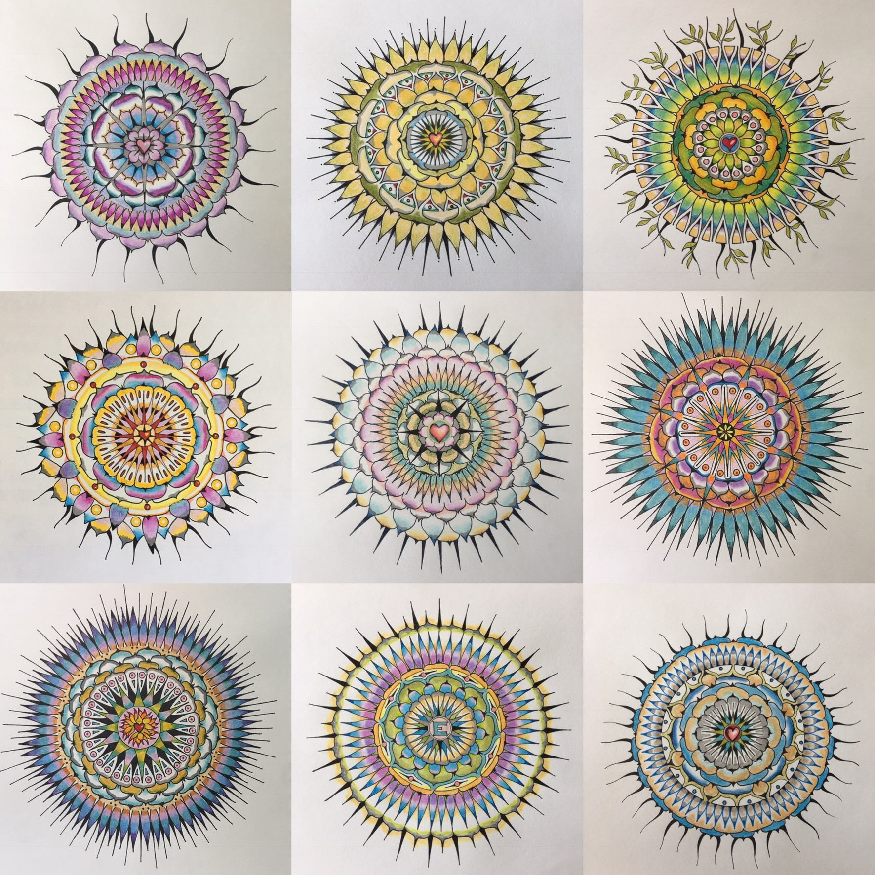 Misc. mandalas, 2018, ink and watercolor on paper, all in private collections