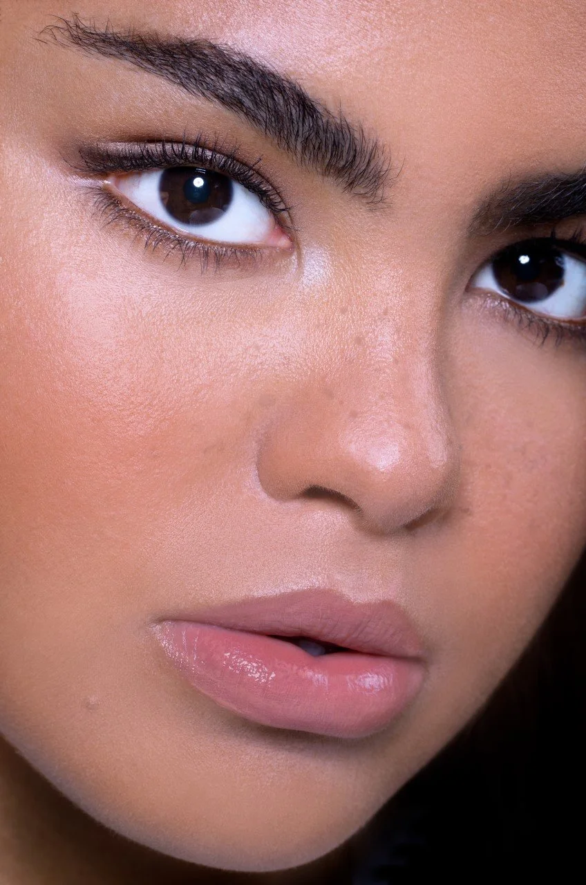 soft glam makeup look featuring radiant, glowing skin, subtly defined eyes, and a polished, natural lip, professionally applied by Katie of KMS Brows & Beauty