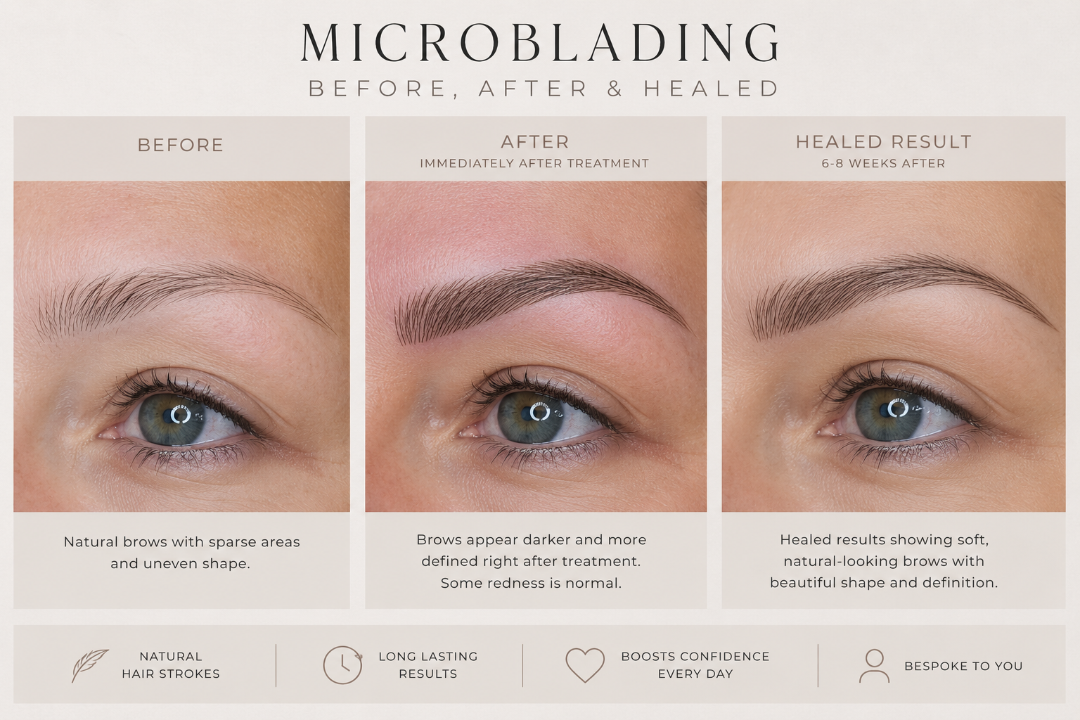 Eyebrow microblading before and after with healed results, showing realistic hair strokes and natural-looking brows in Reading, Berkshire.