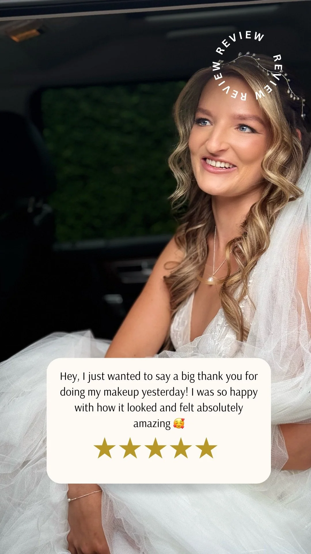 Bride with a soft glam bridal makeup look featuring radiant skin, subtly defined eyes, and a polished lip, professionally applied by Katie of KMS Brows & Beauty, with a glowing review from the bride displayed below.