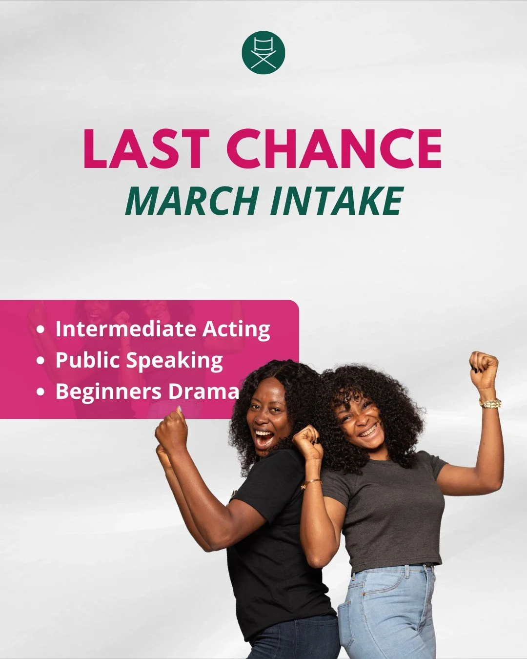 Final chance to join our March courses, we start this Wednesday 🎭✨

If you have been thinking about it, now is the moment to jump in.
Choose your path:

🎭 Intermediate Acting
🎤 Public Speaking
✨ Beginners Drama

Spaces are almost gone, so do not w