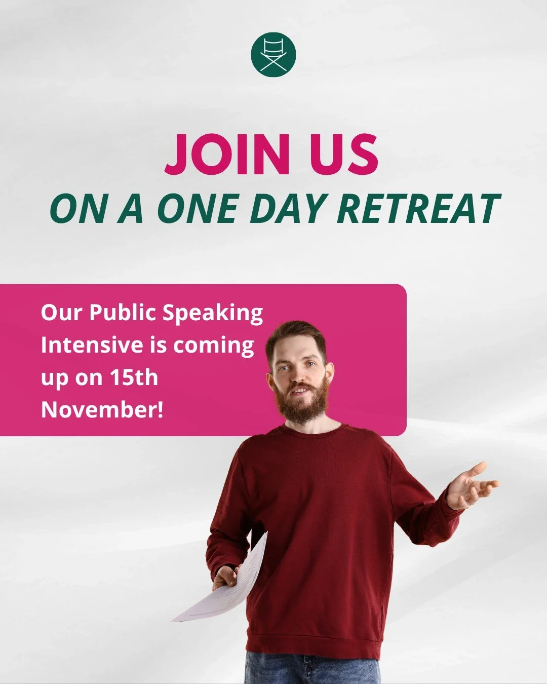 Our Public Speaking Intensive Retreat is BACK this November, and we'd love you to join us!

Imagine spending a whole day working on your confidence, learning how to handle nerves, practising your speaking skills and discovering techniques to help you