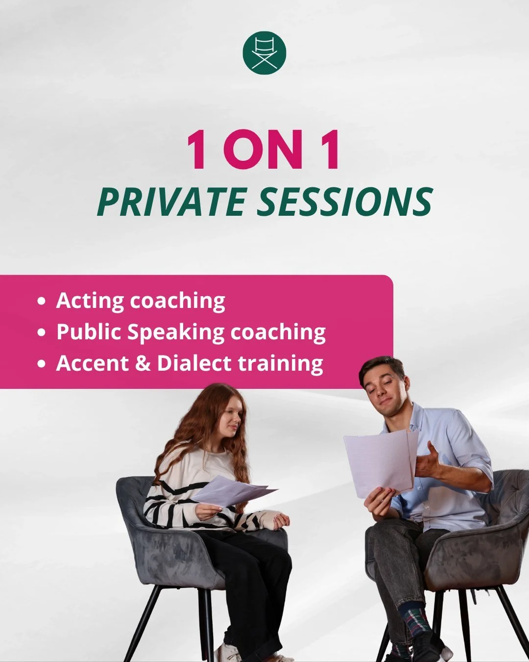 Did you know you can train with us ONE-TO-ONE? 🎭✨

Sometimes a group course is exactly what you need, but sometimes you want to focus on something very specific, at your own pace, with a coach dedicated entirely to you!

That's why we offer private 
