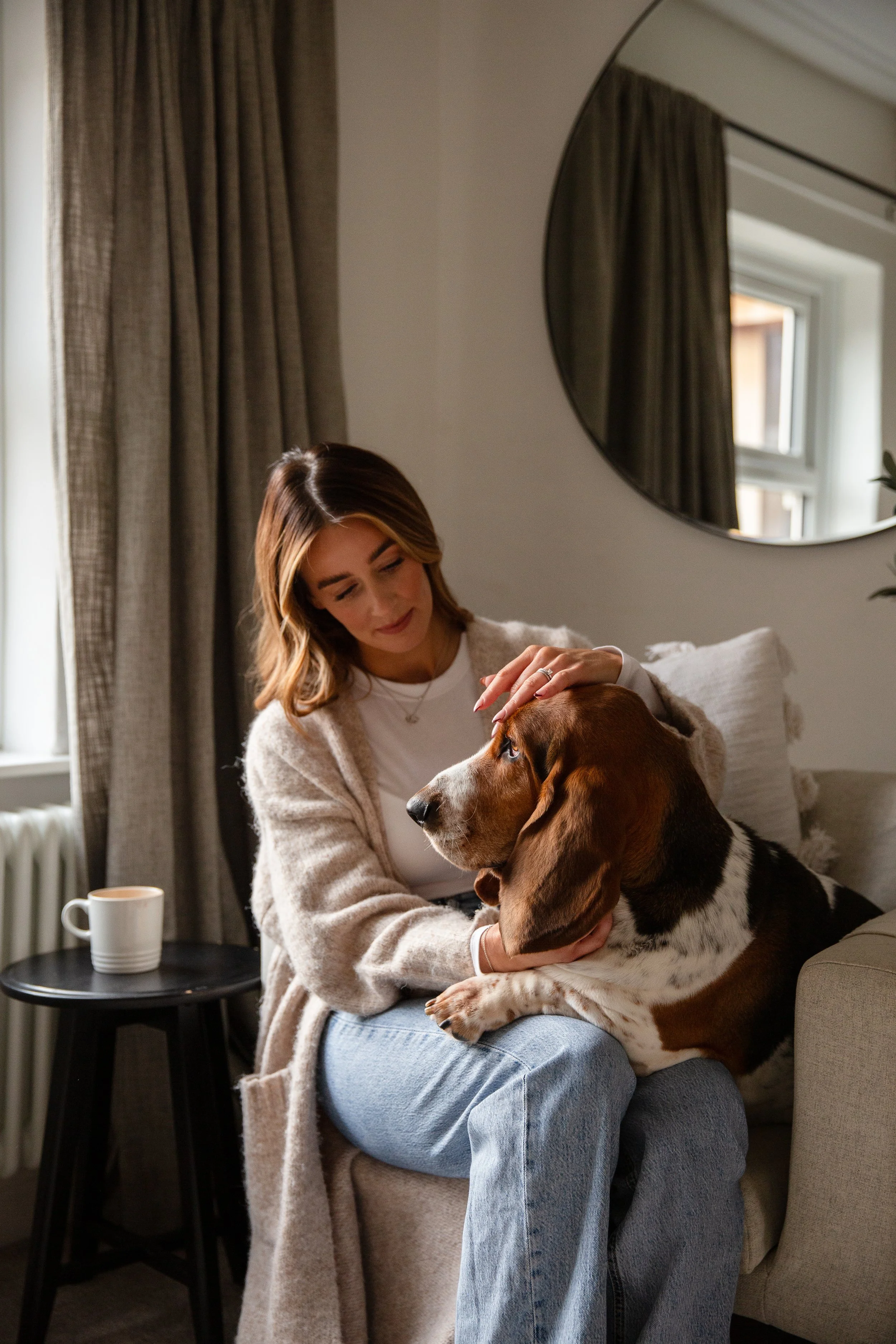 Basset Hound sat on woman's lap having a cuddle