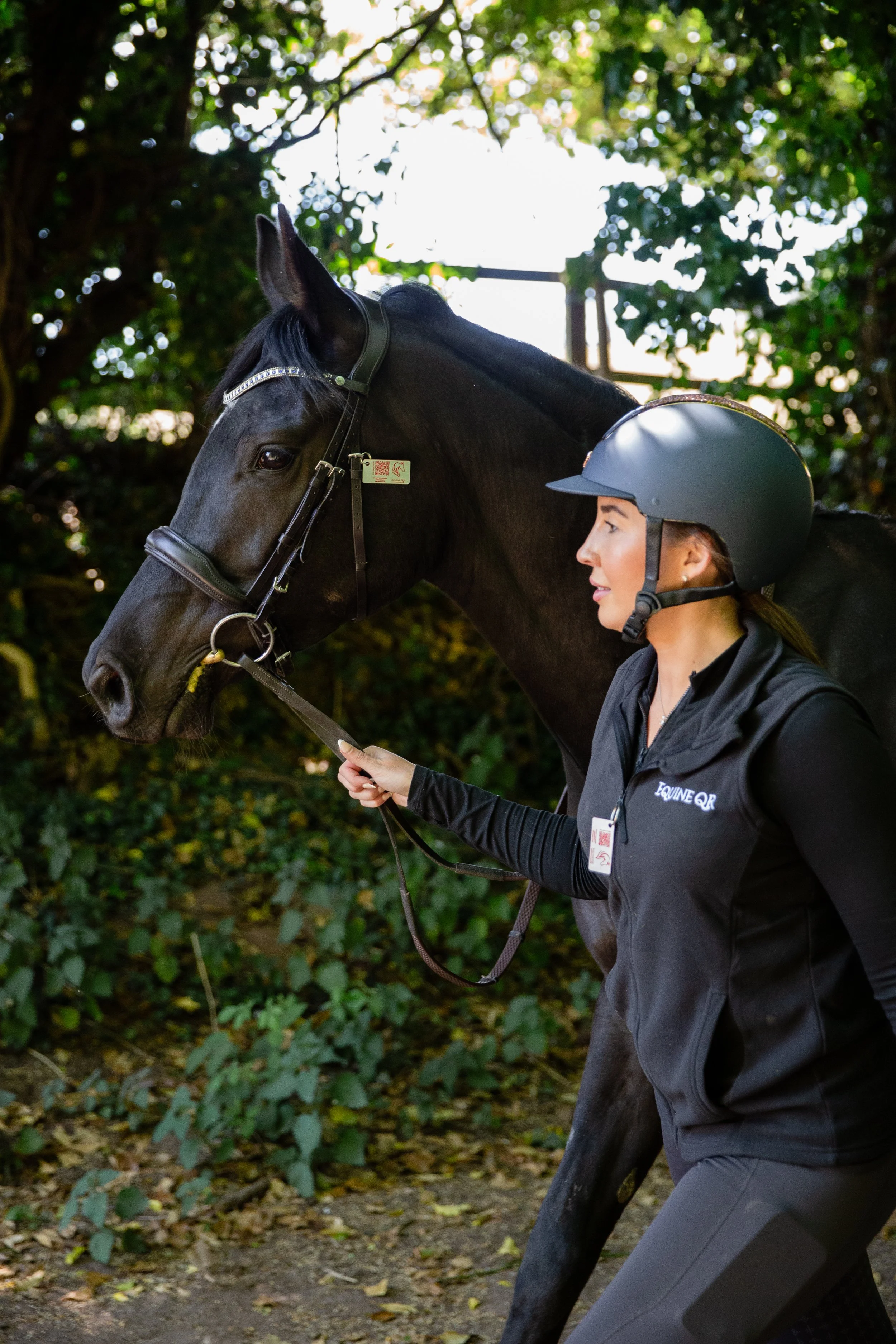 Woman leading her horse through the countryside, with a focus on the Equine QR code on bridle wear