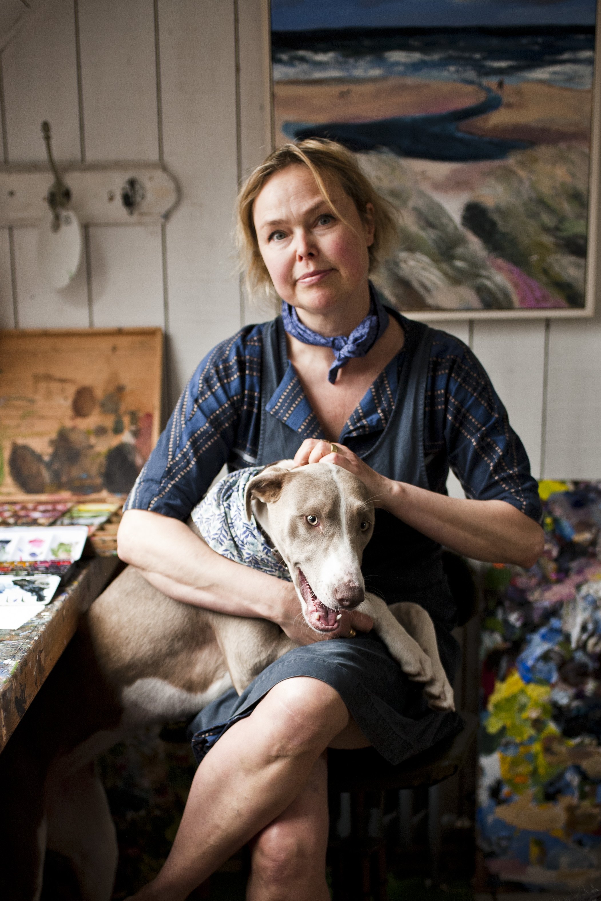 Artist photo portrait of Brita Granström with her Lurcher dog