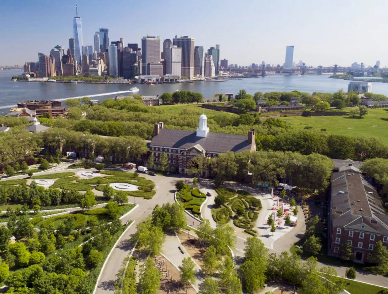 Aerial view of Governors Island with indoor outdoor private events