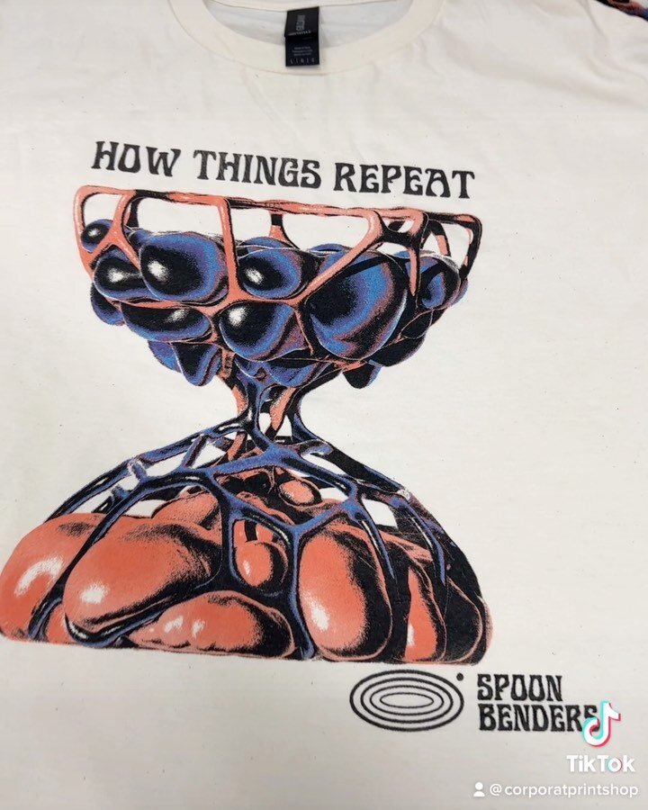 First time getting to work with @spoonbenders and what a fun one it was. Got to do a tee based off the album cover to their killer new record, &lsquo;How Things Repeat&rsquo; (go pre-order it now)⁣
⁣
Here&rsquo;s a process video and then swipe over t