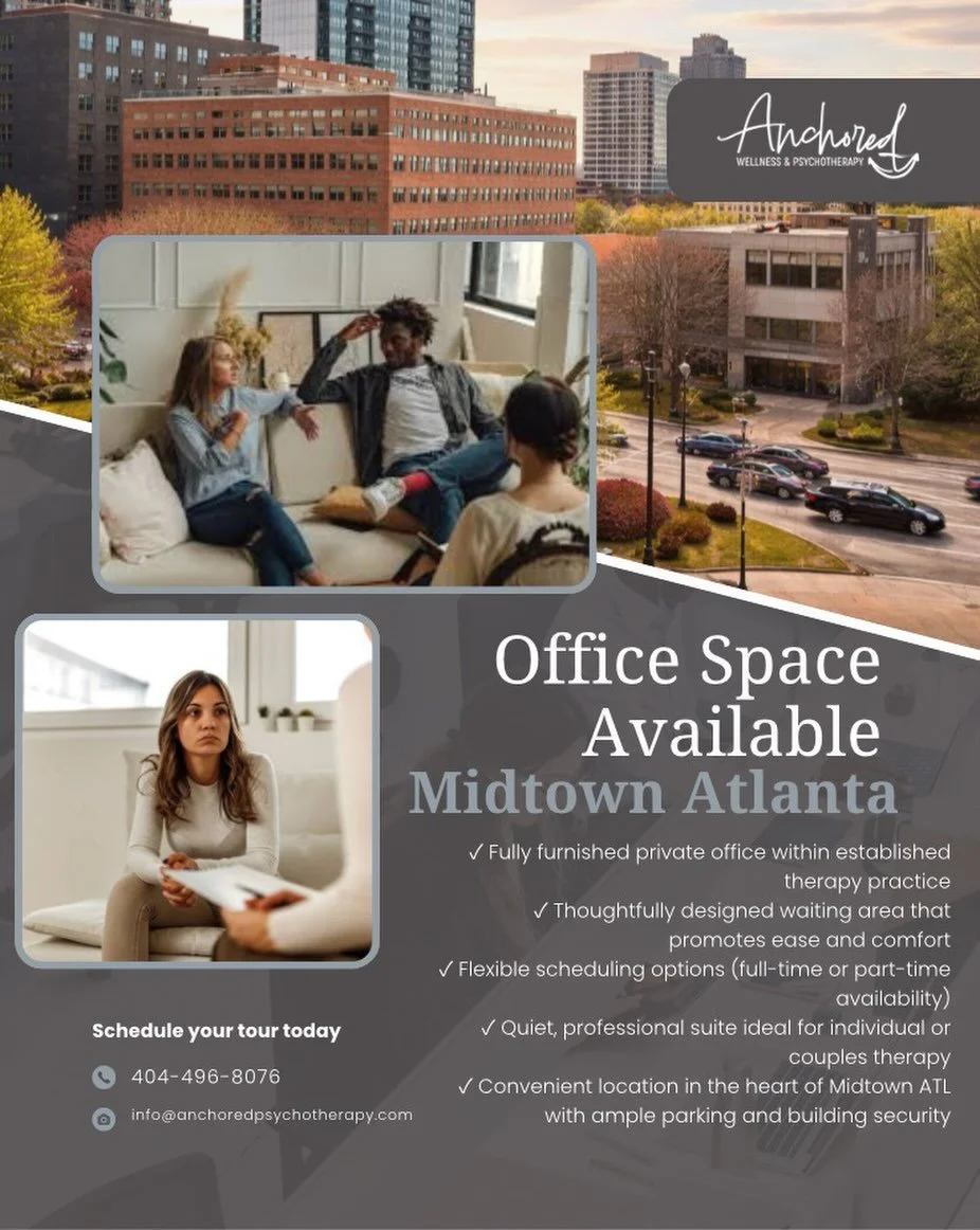 Atlanta therapists, psychologists, social workers, and registered dietitians, healers &mdash;this one is for you.

If you&rsquo;ve been practicing virtually and are ready for a thoughtfully designed, in-person space (without the full-time overhead), 