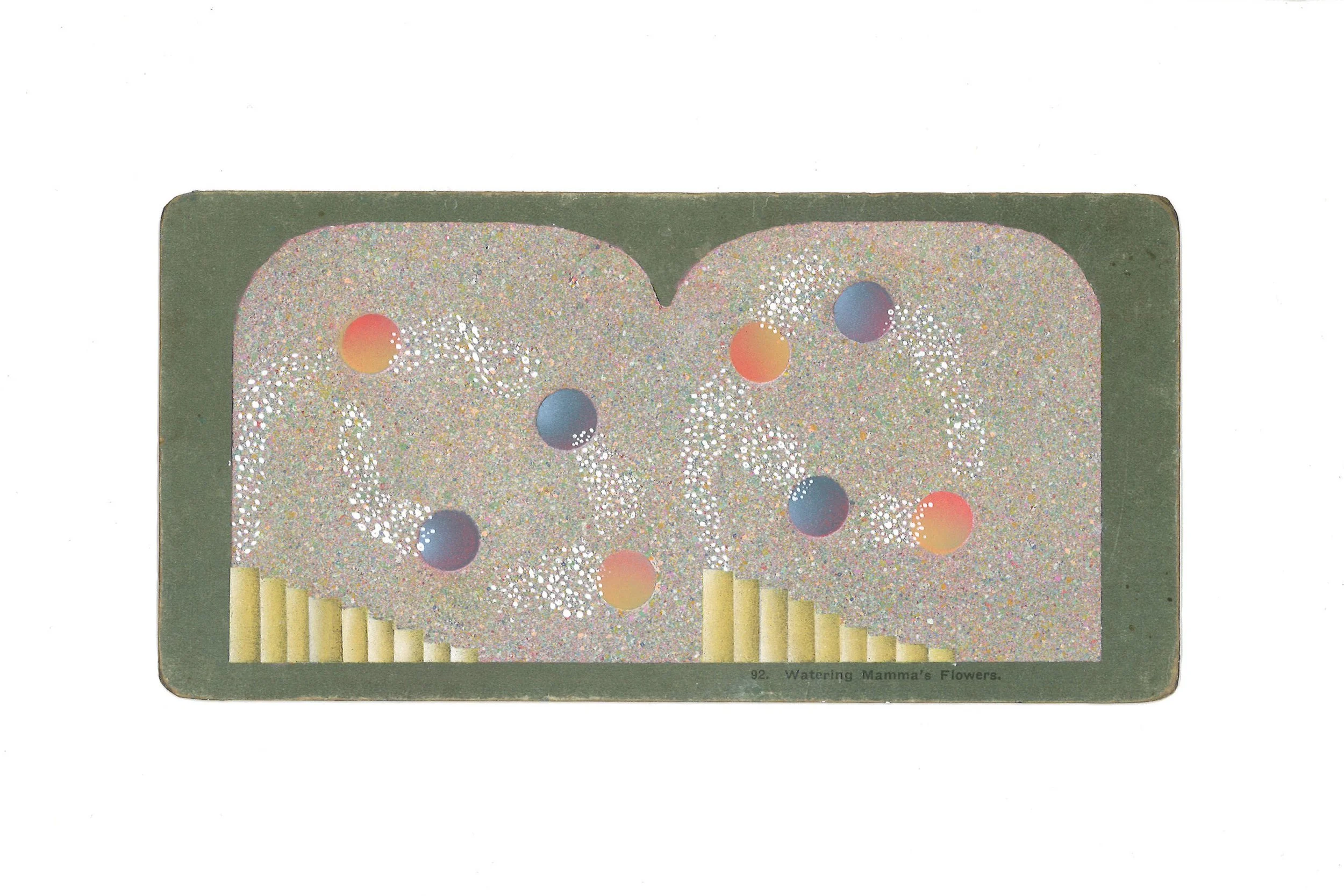 Watering Mama’s Flowers acrylic on antique stereocard 3” x 7” 2025