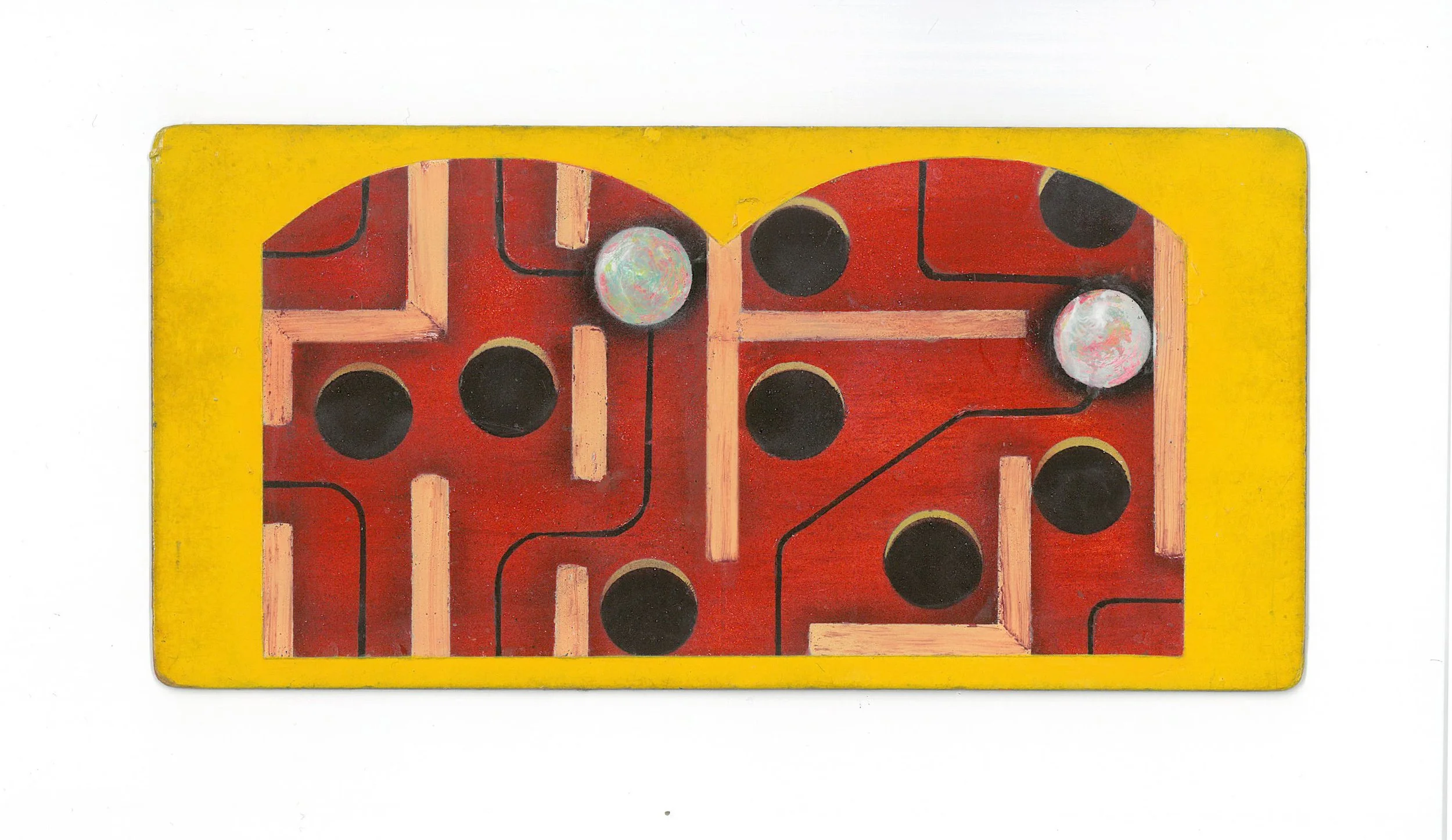Maze acrylic on antique stereocard 3” x 7” 2025