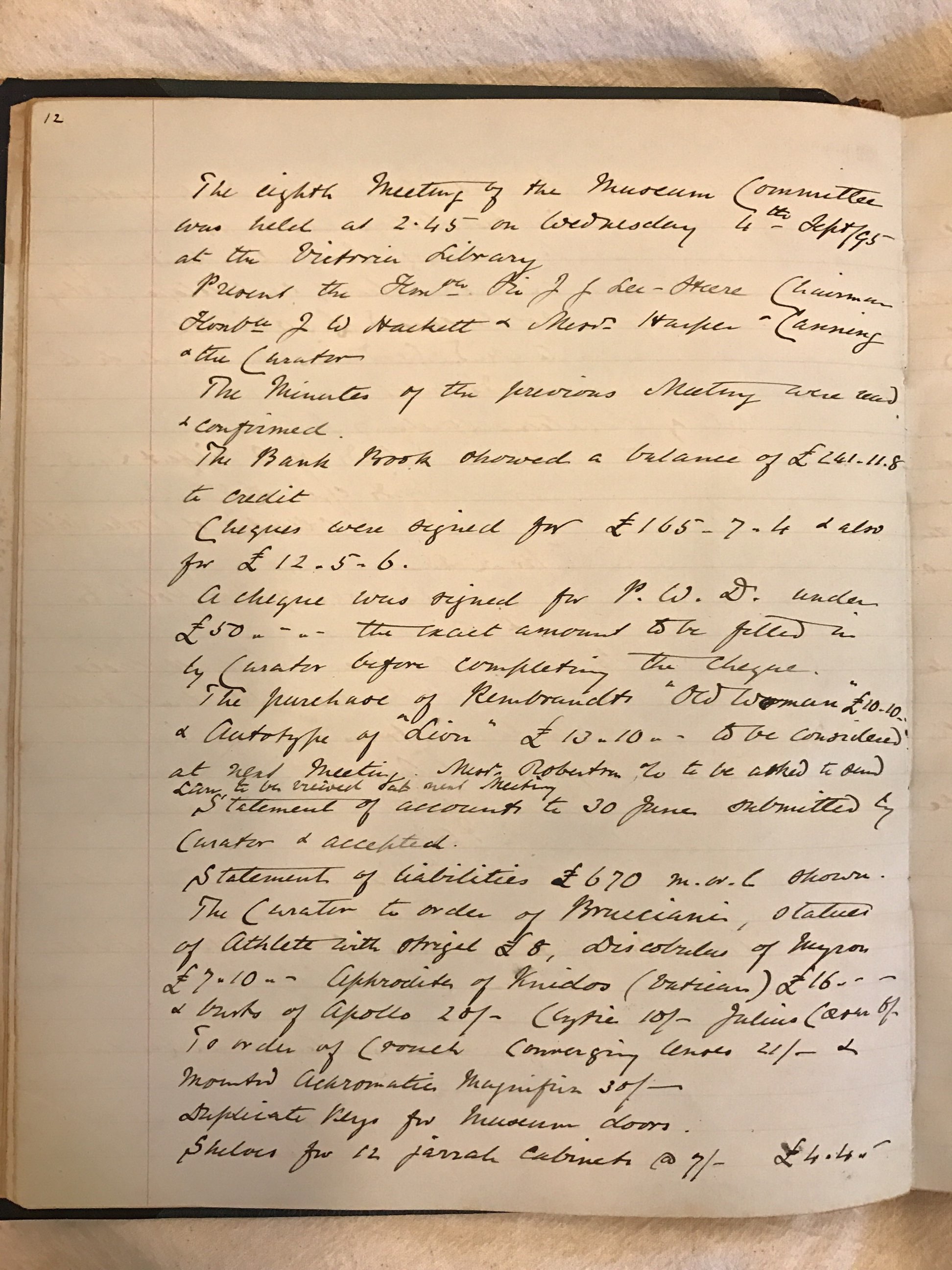 Minute Book of the Committee of Management, W.A. Museum, 11/4/1895 – 7/3/1910. Cons No: 1035 1, State Records Office (page 12) with detailed record of expenditure down to the shelves for the 12 jarrah cabinets.