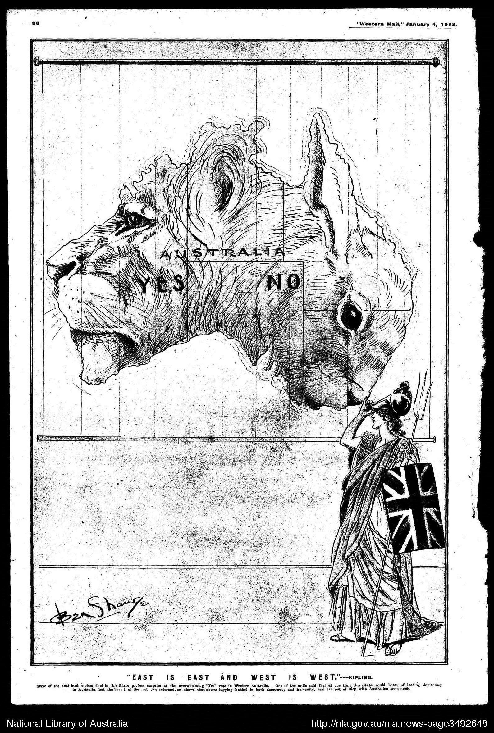 Cartoon by Ben Strange, published in the Western Mail, Friday 4th January, 1918, in relation to the results of the second conscription plebiscite held in Australia on the 20th December 1917.