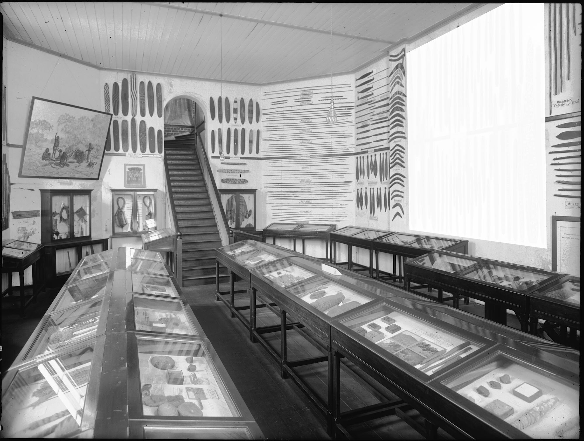 SLWA 8292B/A/2615-1-8 'Museum and Art Gallery of Western Australia galleries, 1929, Illustrations Ltd Collection: http://purl.slwa.wa.gov.au/slwa_b3473418_7. The photograph has been edited to mask objects that we have been informed are secret/sacred.