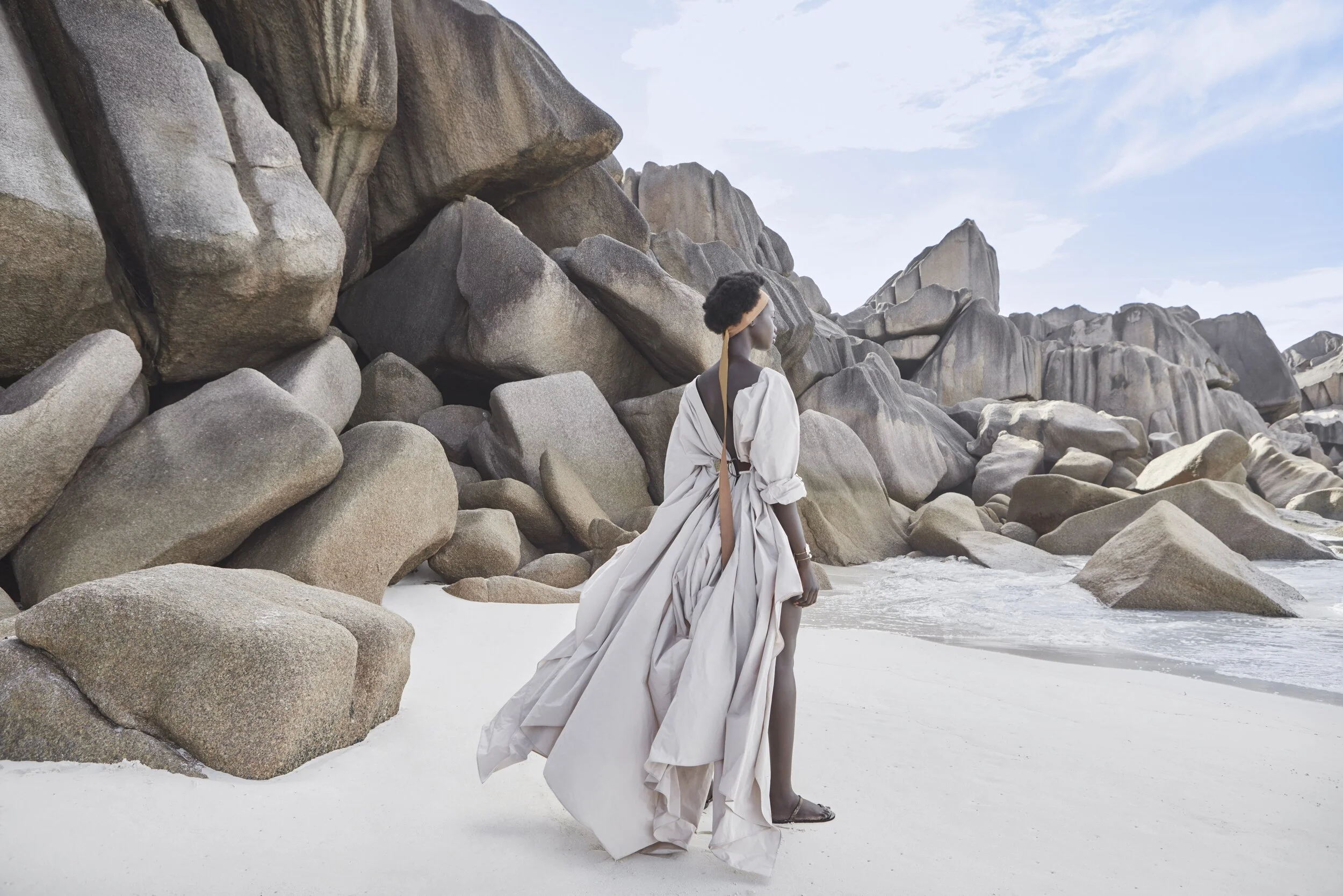 “I designed garments specifically with certain beaches and locations in mind,” explains Carl Kapp of the breathtaking location at the Seychelles.