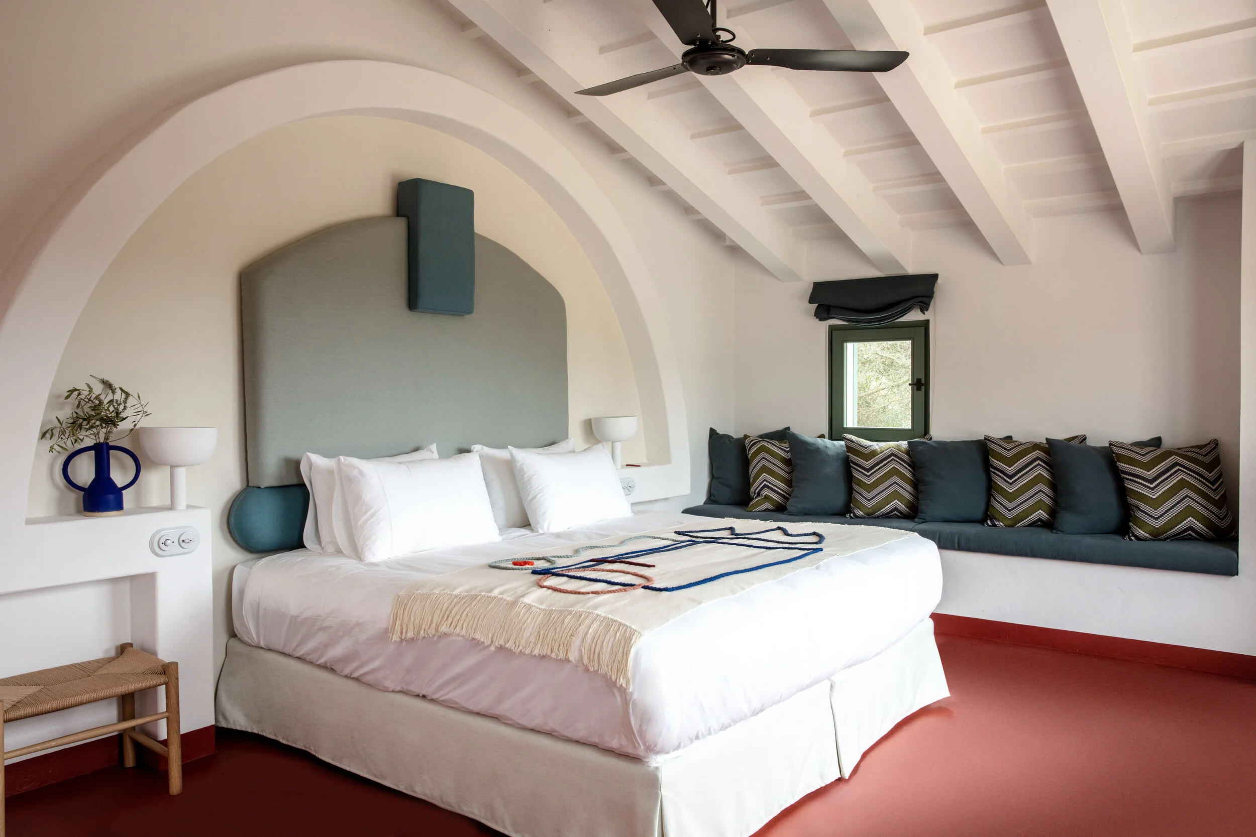 A cult favourite, Moroccan brand LRNCE designs the simple, yet colourful, linen and blankets, which feature in the bedroom spaces.