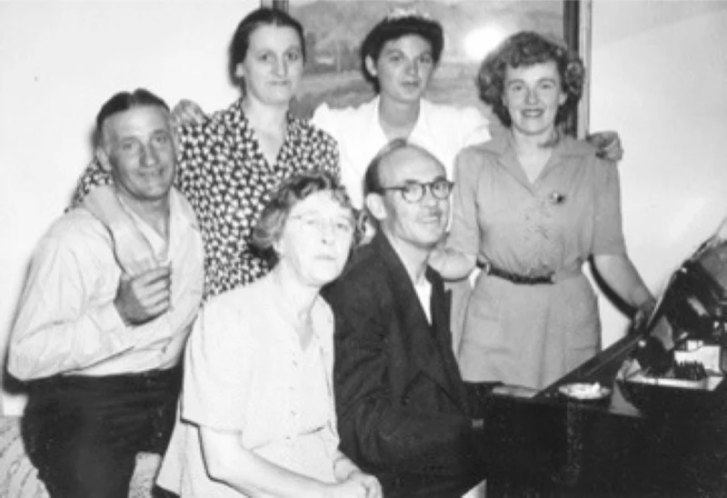 Homebodies of NorCal: (seated) My grandma Gertrude Capurro, grandpa Alfred McKnew at the piano, and my mom Marijane McKnew standing to his right. Behind are best family friends, Fred, Velma and Jane Tavoni. 