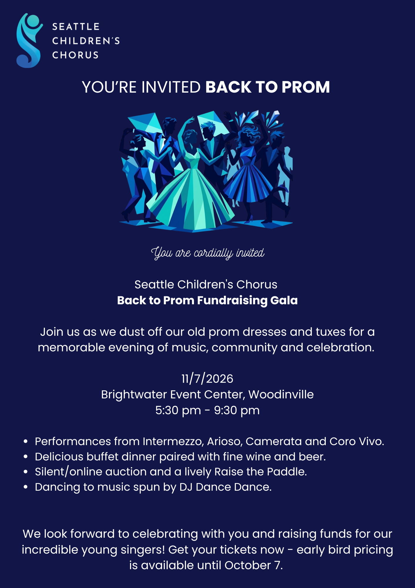 Blue invitation with image of people dancing.