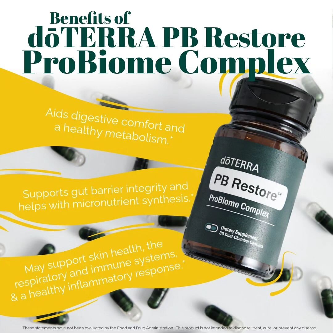 A healthier you is coming your way! Check out the brand-new doTERRA PB Restore ProBiome Complex. It contains 30 different bioactive components that bring you all these amazing benefits. 🤯 You can get this now in a becoming 2023 convention kit. Or by