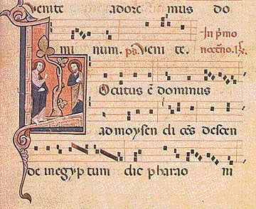 Neume notation (sheet music showing a small scene on the left. there are two people standing on either side of a tree. to the right there is neumatic notation and stylized text.)
