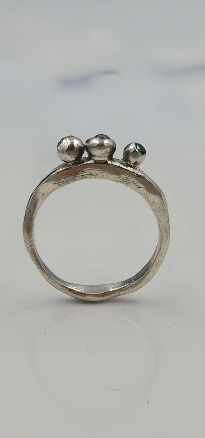 Molten Silver Granule Ring with Multicolour Cubic Zirconia