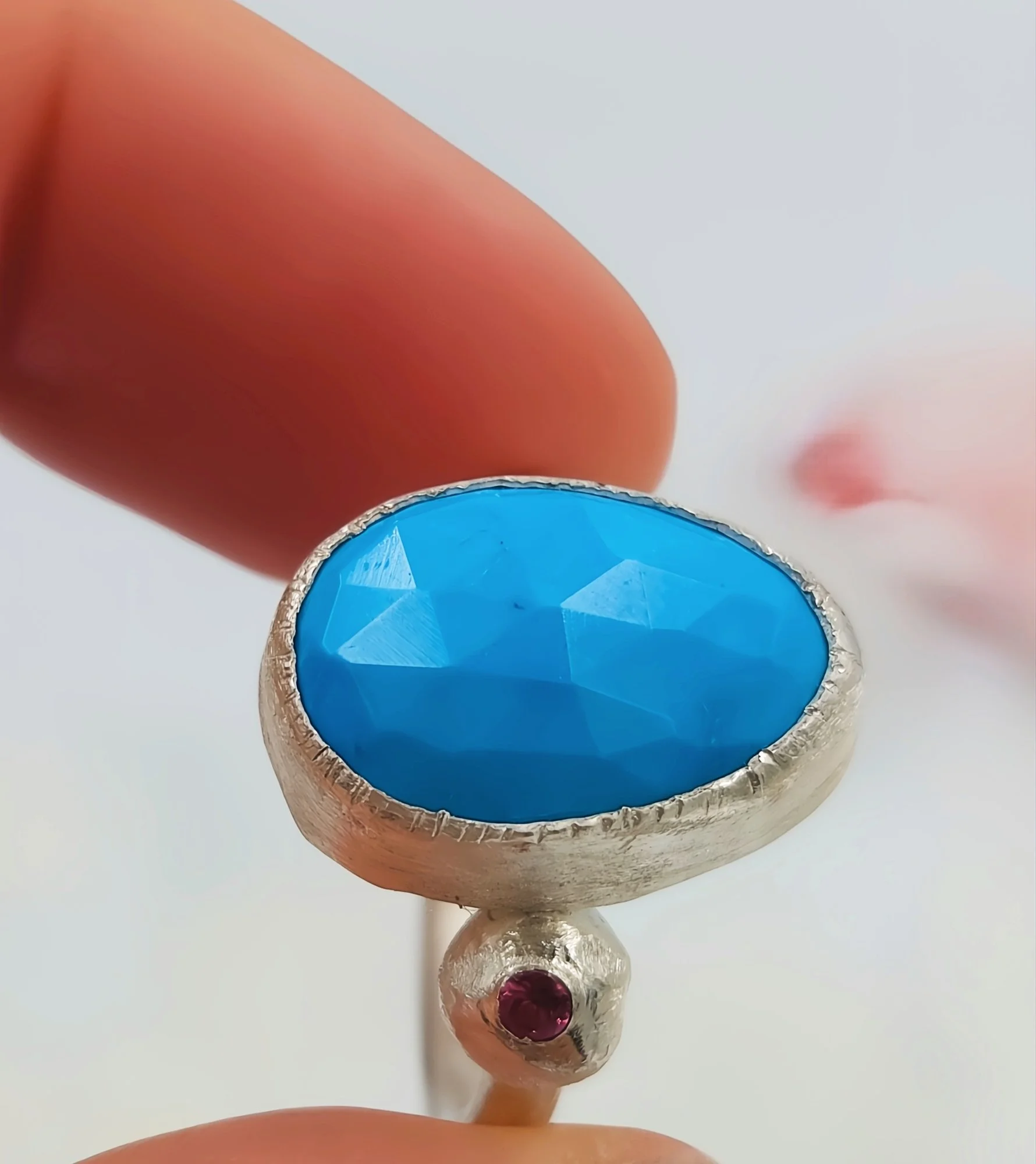 Turquoise Rose Cut Slice & Rhodolite Garnet Silver Ring