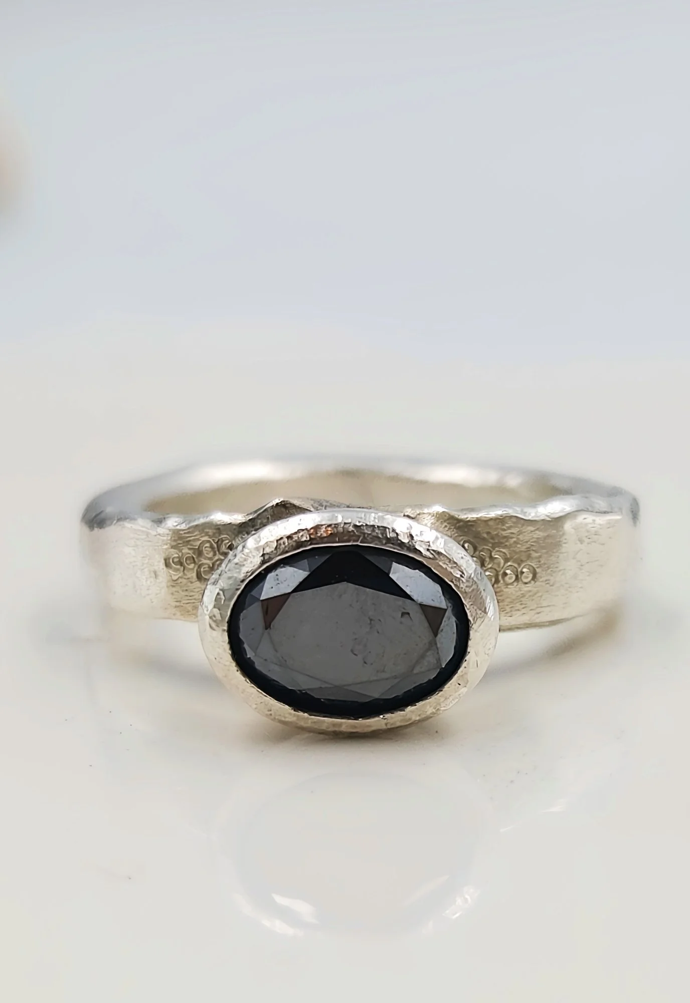 Hand-Forged Sterling Silver Black Diamond Ring - Size M