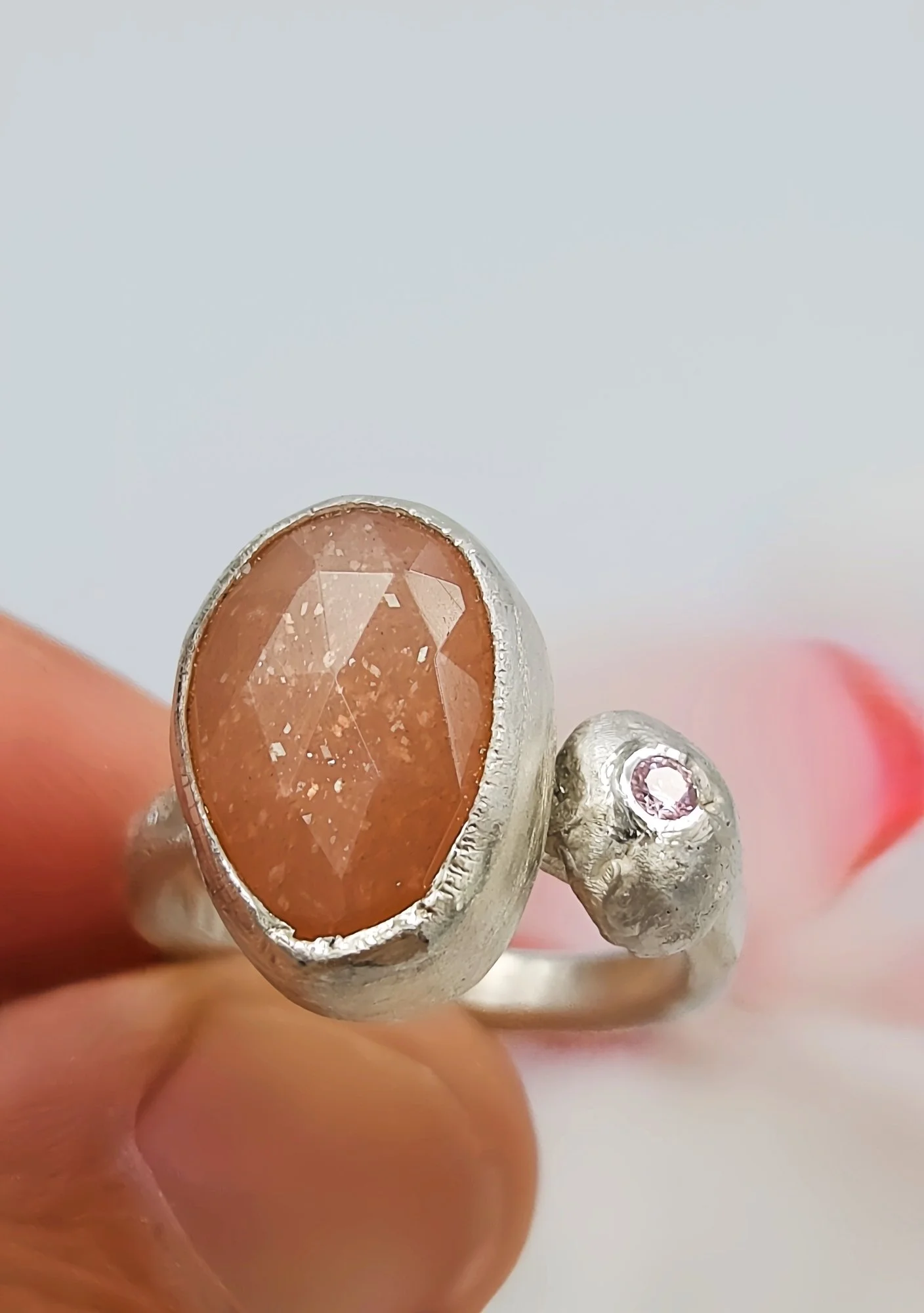 Rose Cut Peach Moonstone Slice Ring