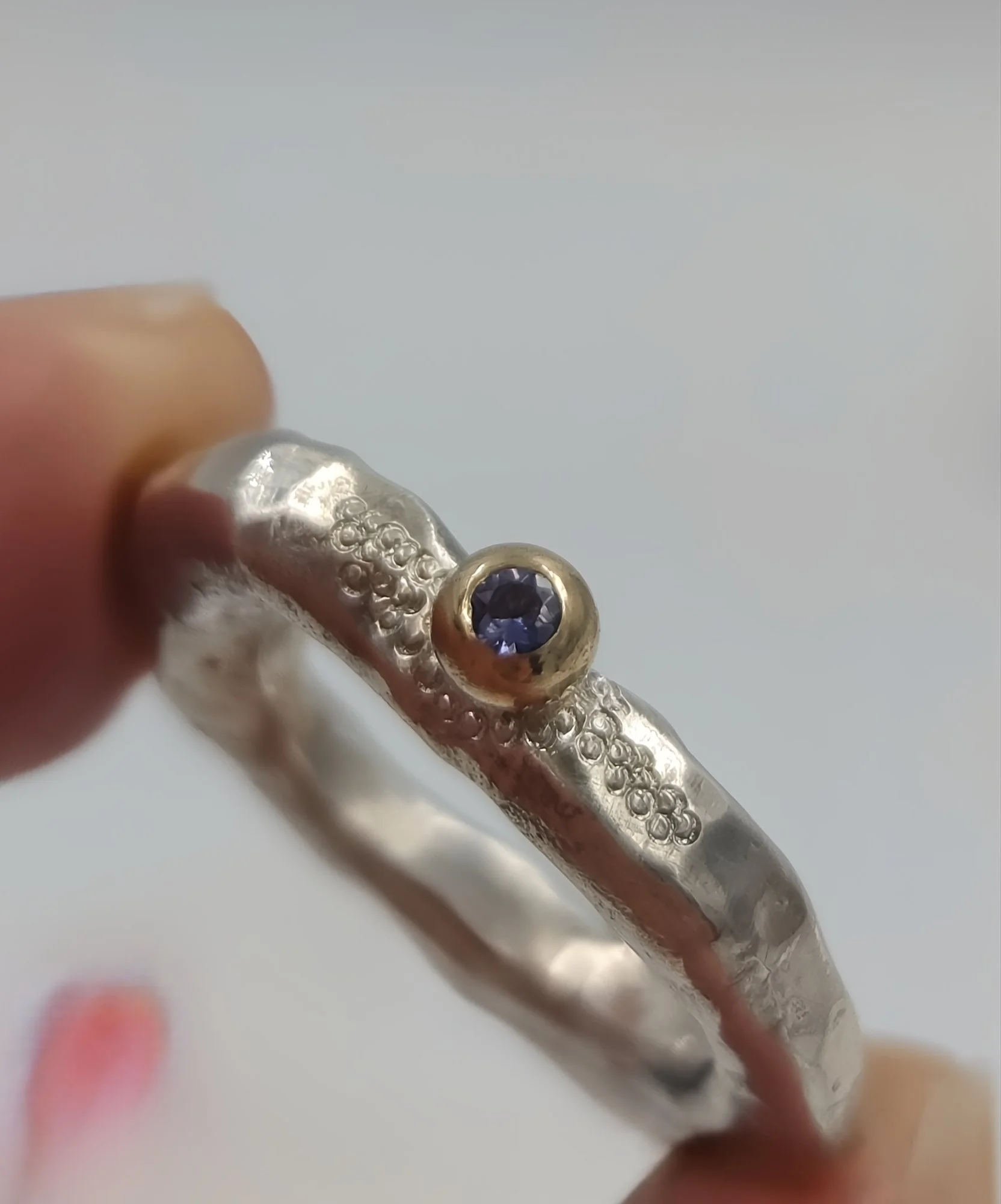 Hand Forged Sterling Silver Iolite Gold Ring - Size L