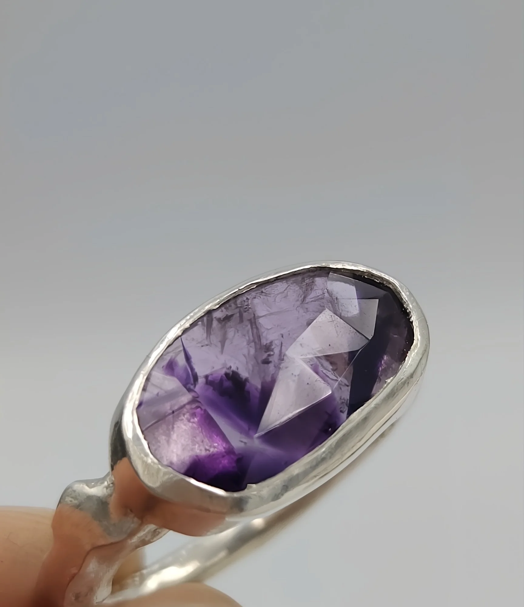 Handmade Organic Silver Ring with Trapiche Amethyst - Size N