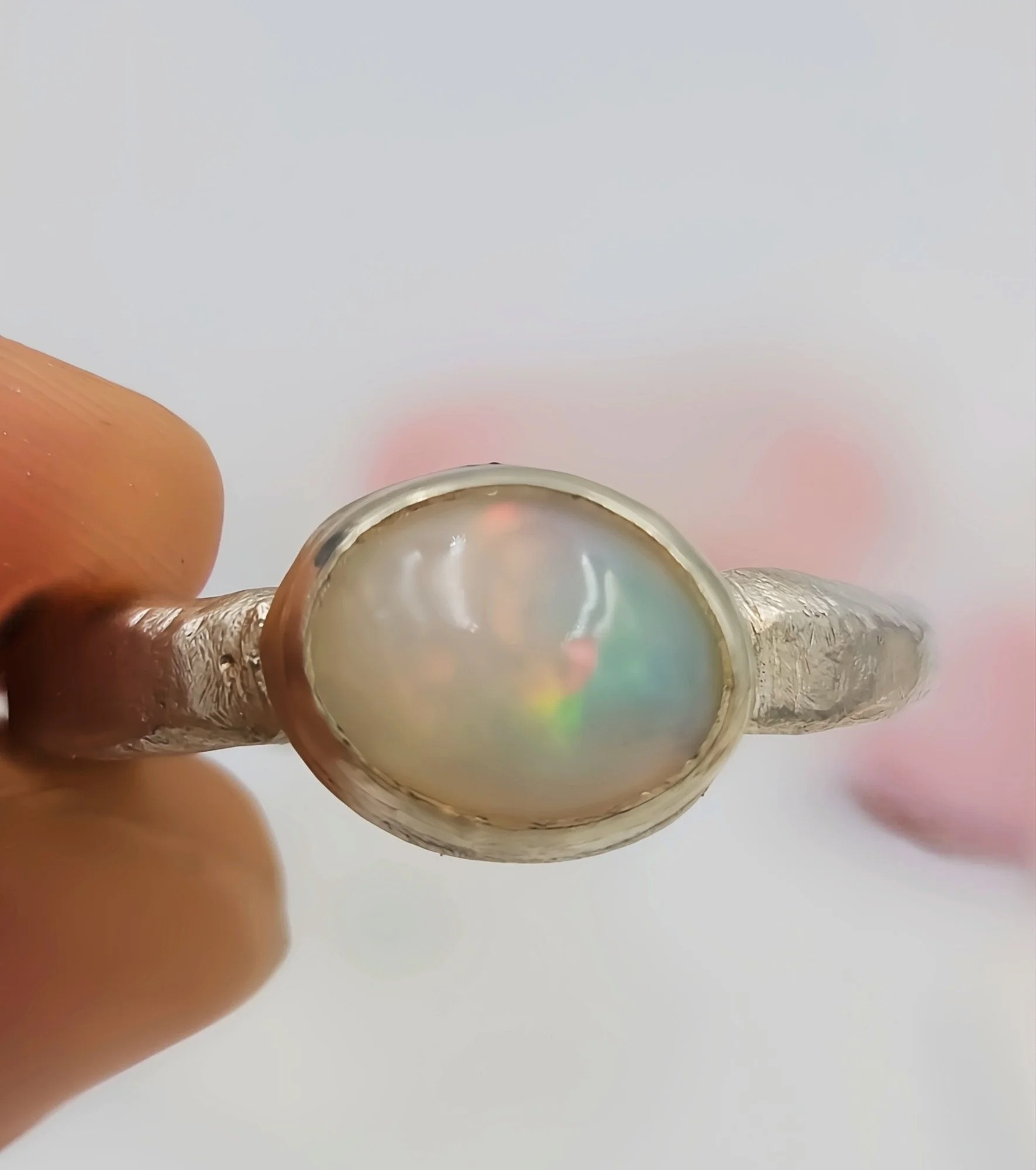 Handmade Silver Ring with White Ethiopian Opal