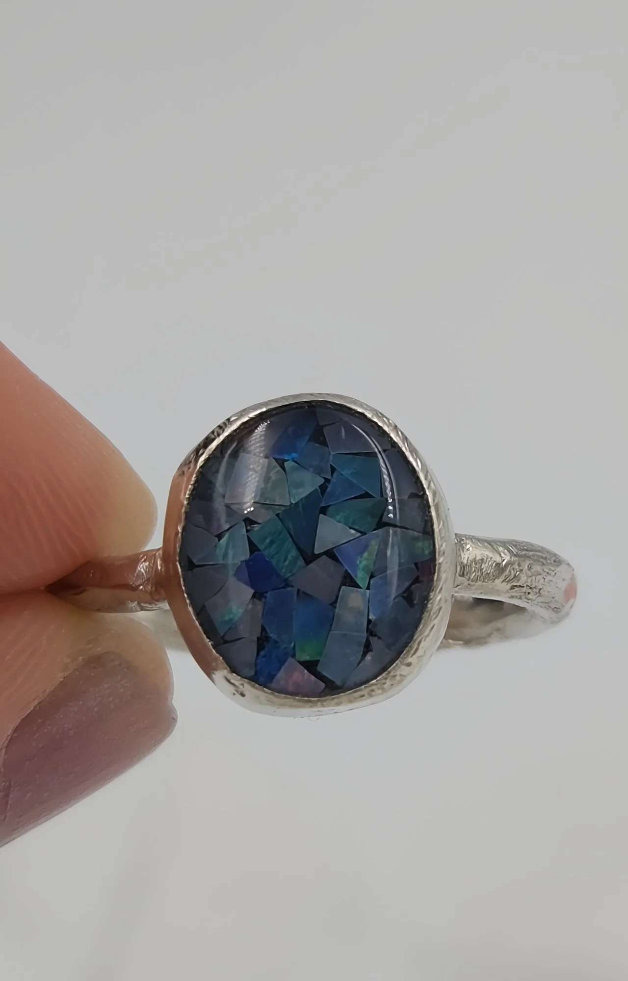 Hand-Forged Opal Mosaic Ring in Molten Textured Sterling Silver - Size O